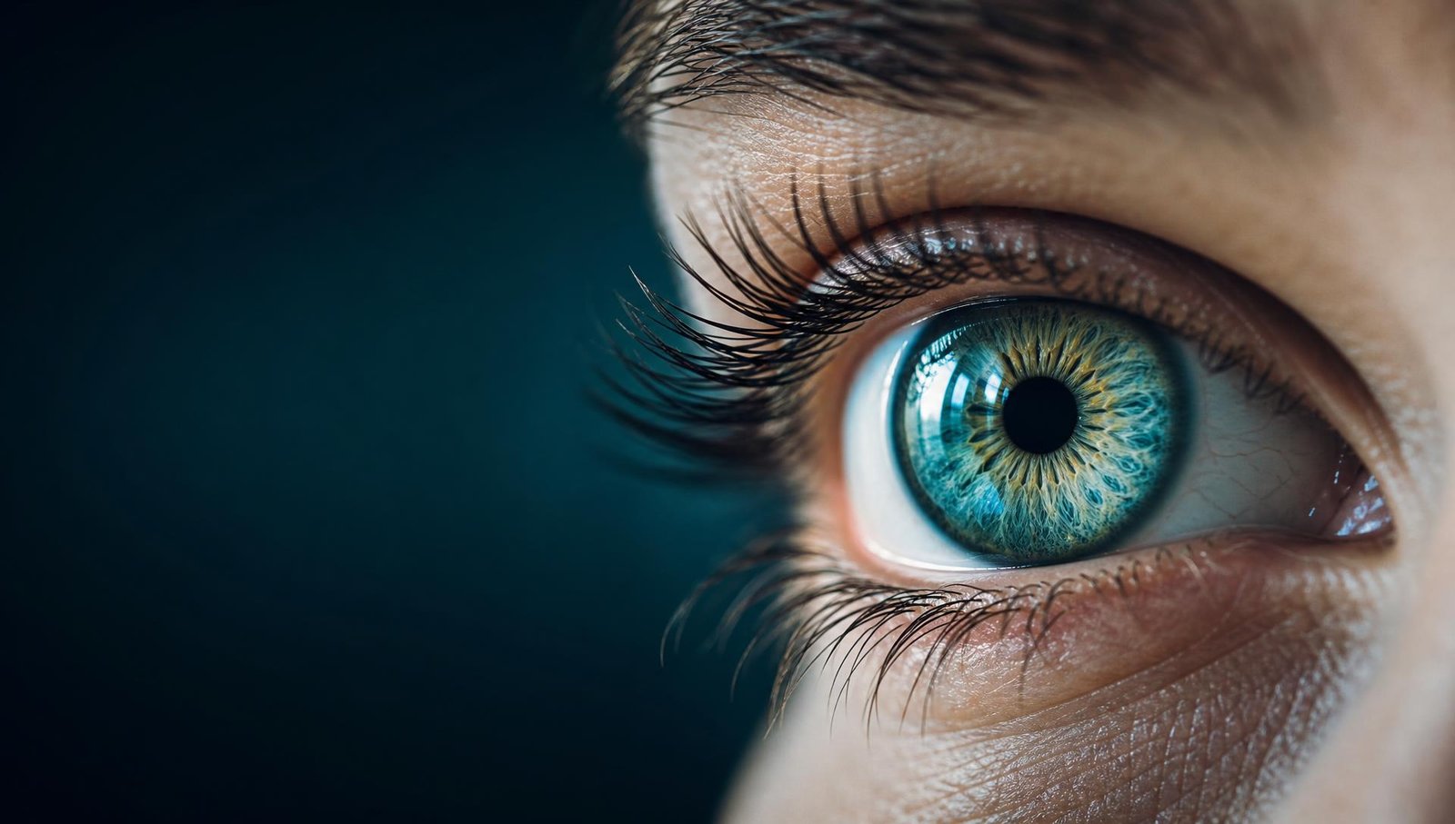 Macrofotografia de olho humano com íris azul-esverdeada em detalhe