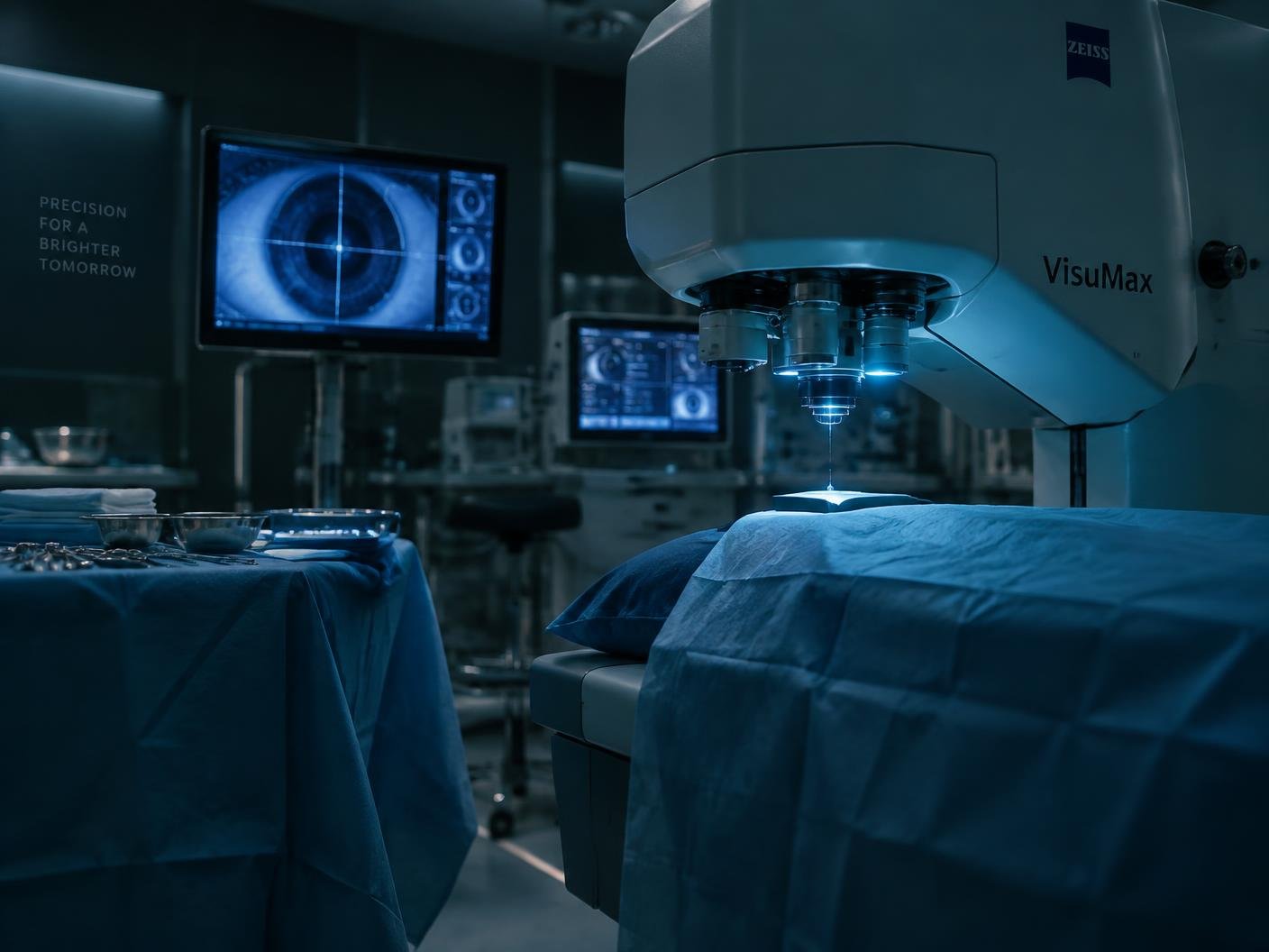 Sala cirúrgica oftalmológica com microscópio e laser de precisão em luz azul