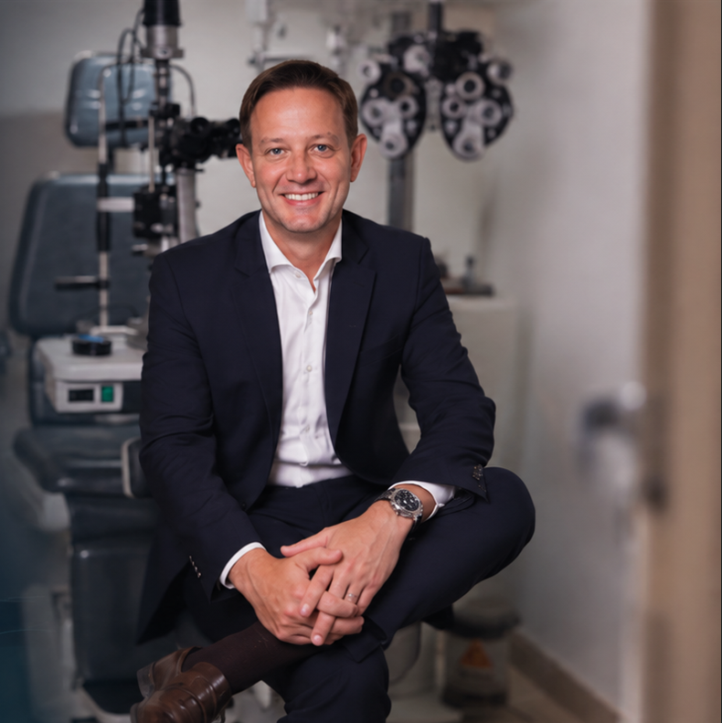 Dr. Filipe Gasparin, oftalmologista, em seu consultório em Uberlândia-MG
